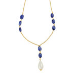 22KT (916) Blue Sapphire Pearls Gold Chain
