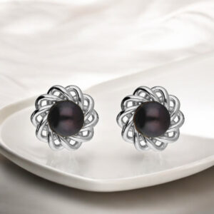 92.5 Silver Flower Black Pearl Studs
