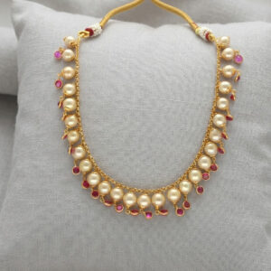 Gold Traditional Pearl & Ruby Drop Choker Necklace