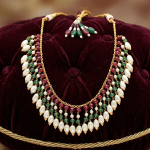 Gold Fringe Pearl, Ruby & Emerald Choker Necklace