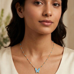 Turquoise Enamel Butterfly Beaded Chain Necklace