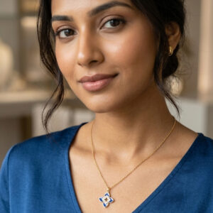 Royal Blue Enamel Quatrefoil Floral Pendant Necklace